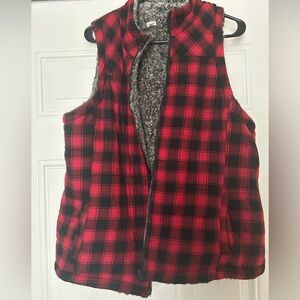 Maurices Red and Black Sherpa Plaid Vest